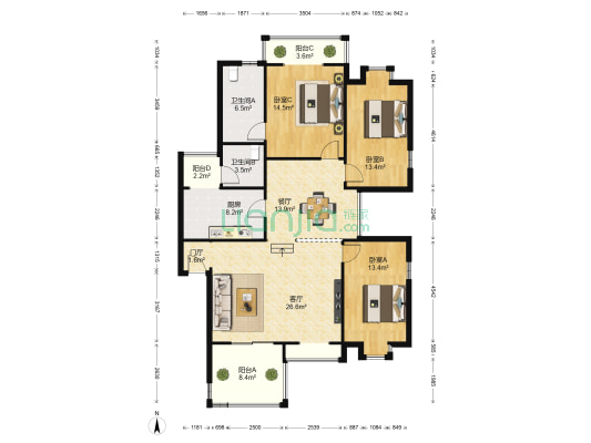 启明花园 3室2厅2卫 133平方