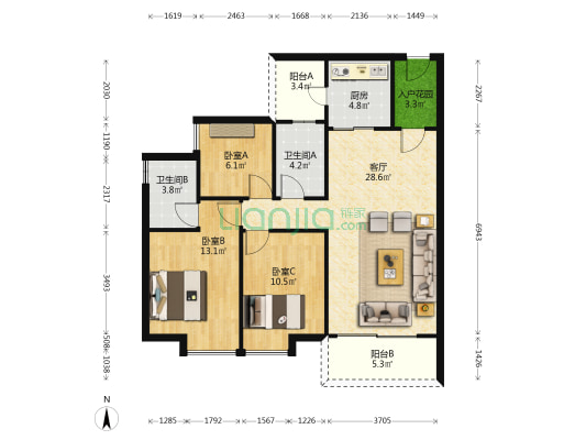 时代紫林 3室1厅2卫 103平方