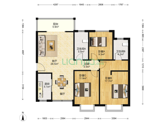 都市春天 3室1厅2卫 118平方