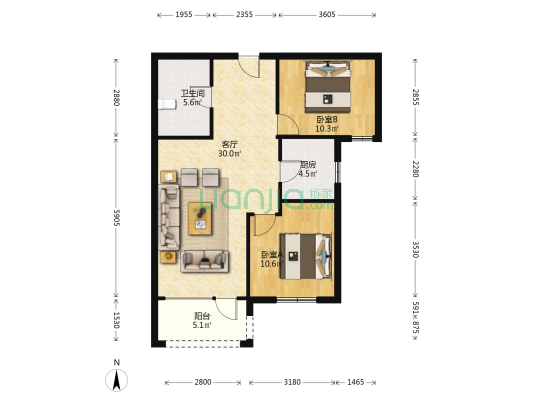 西丁双塔改善型社区 双阳台 全阳面 名厨龙湖物业-户型图
