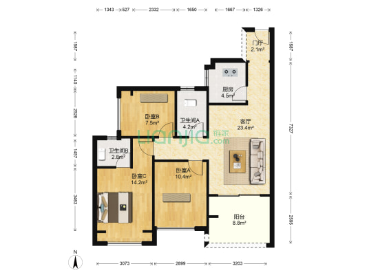 华盛圆坊名荟 3室1厅2卫 90平方