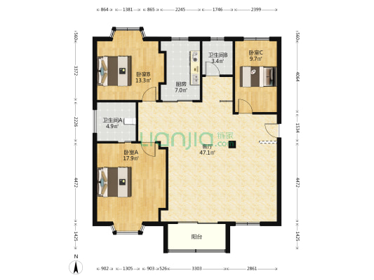 仲英大道333号 3室1厅2卫 130平方
