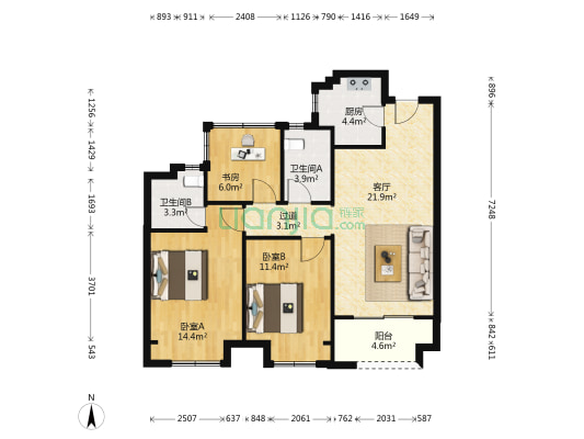 东原旭辉璞阅 3室1厅2卫 89平方