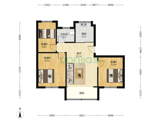 菁萃里 3室1厅1卫 98平方
