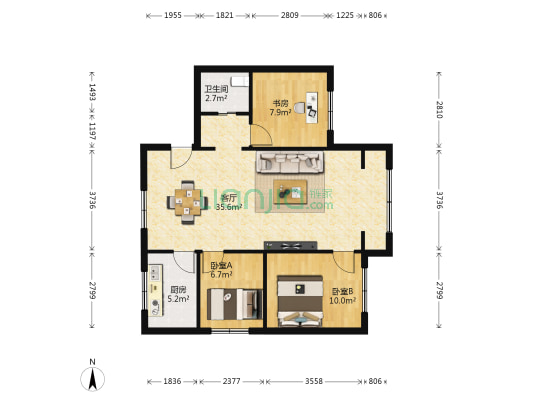 老北园春克西街林森国际小区103平3室中装通透边户地暖-户型图