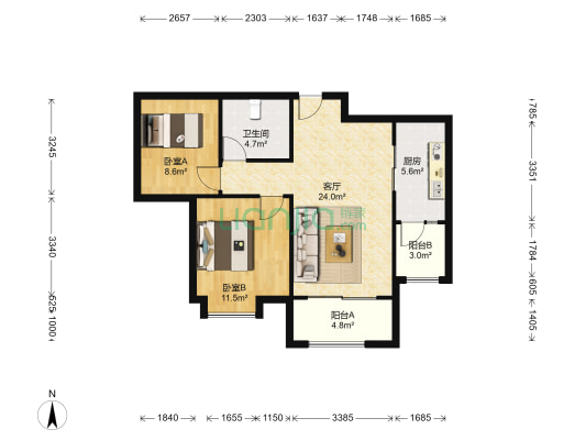 恒大帝景 2室1厅1卫 90平方