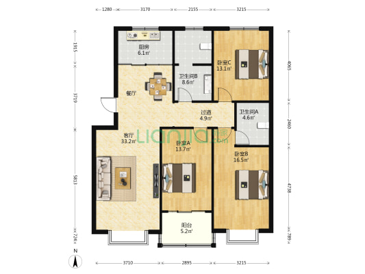 庆都首府北区 3室1厅2卫 129平方