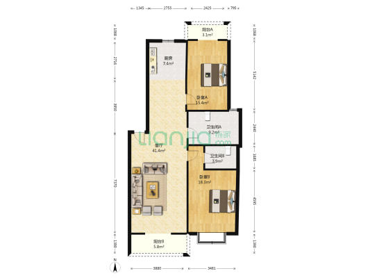 光华欣居 2室1厅2卫 109平方