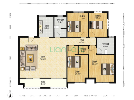 绿地湖语墅壹墅 3室1厅2卫 146平方