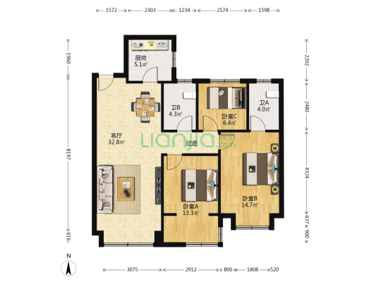 雅戈尔时代之星 3室1厅2卫 115平方