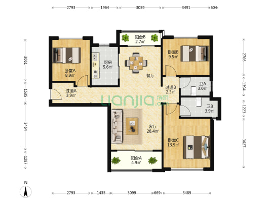同樾里 3室1厅2卫 109平方