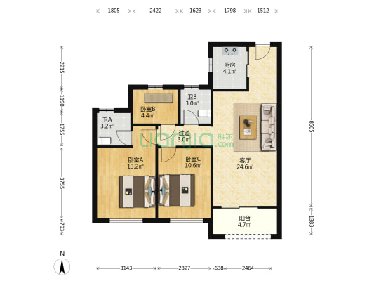 世茂·璀璨瓯江 3室1厅2卫 95平方