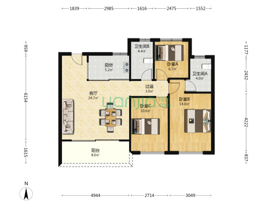 万科锦上和风华苑北区 3室1厅2卫 106平方