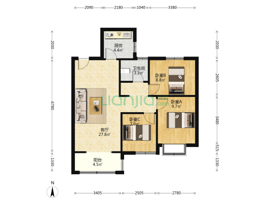上河天著 3室1厅1卫 97平方