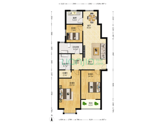 天鸿红星里 3室2厅2卫 141平方