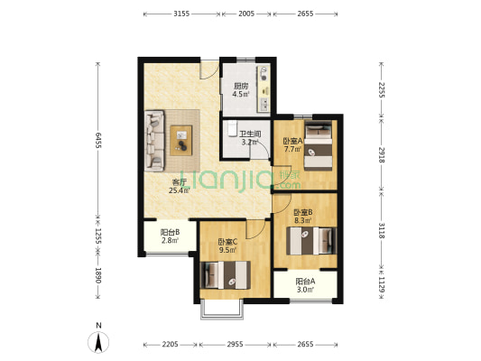 红星紫御半山三期 3室1厅1卫 95平方