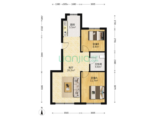 中海净月华庭 2室1厅1卫 86平方