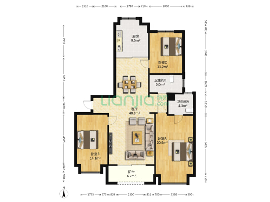万科金域蓝湾二期 3室1厅2卫 148平方