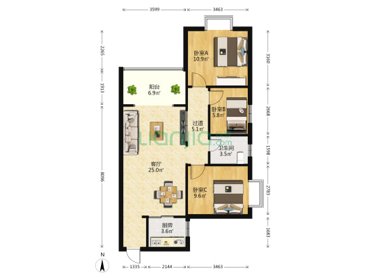 景观花园 3室1厅1卫 90平方