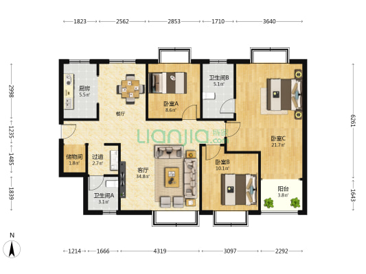 保盛龙城二期 3室1厅2卫 128平方