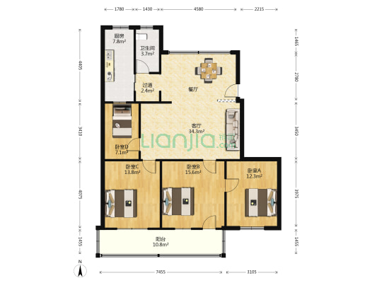 解放南路38号 4室1厅1卫 119平方
