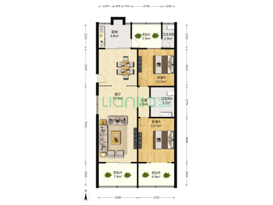 子安路社保局宿舍 2室1厅2卫 94平方