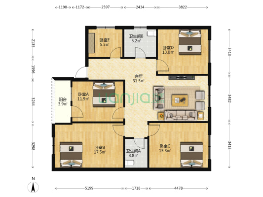 东大街 5室1厅2卫 133平方