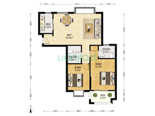 美地雅登祥吴五里 2室1厅2卫 87平方