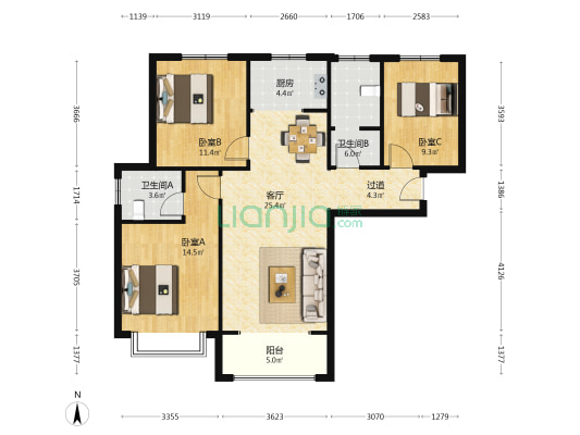 商都阜园 3室1厅2卫 120平方