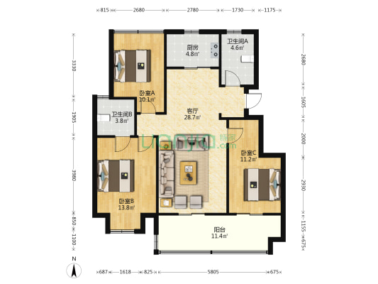 公园万象 3室1厅2卫 109平方