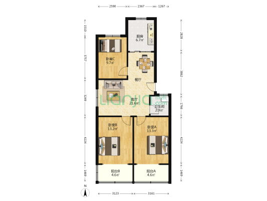 保全街61号院 3室1厅1卫 90平方