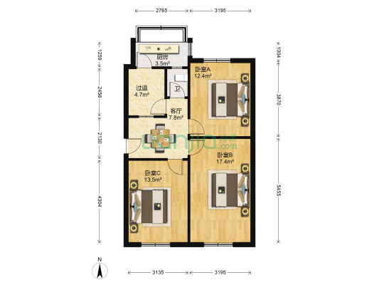 环保局宿舍 3室1厅1卫 70平方