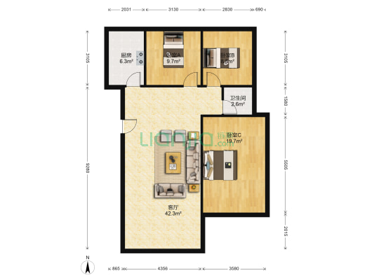 雒城一号B区 3室1厅1卫 104平方
