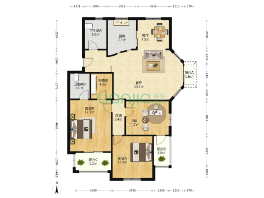 北港绿苑 3室2厅2卫 136平方