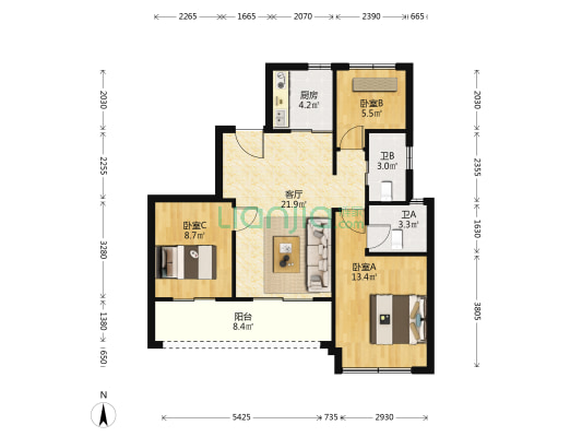融信中梁荣望 3室1厅2卫 89平方