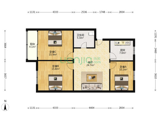 淀兴路 3室1厅1卫 98平方