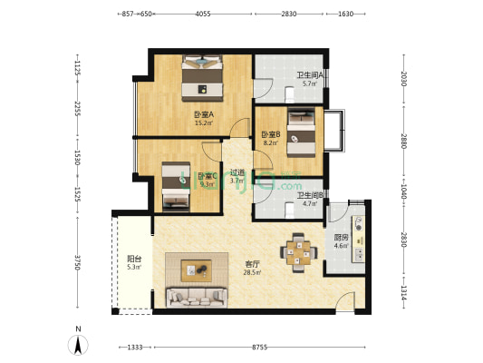 幸福家园(什邡市) 3室1厅2卫 116平方