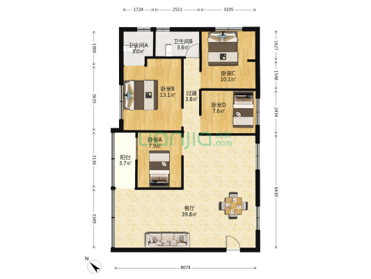 天海大厦 4室1厅2卫 114平方