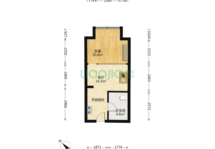 1室1厅1卫42.57㎡-天津大悦公寓户型图