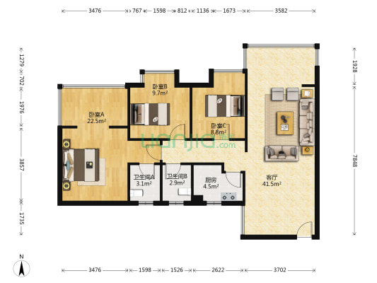 华宇阳光四季 3室1厅2卫 99平方