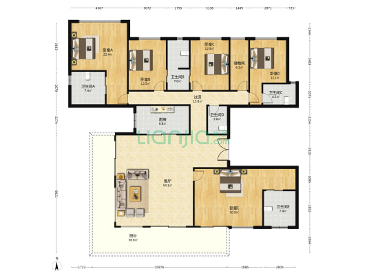远达麓湖云邸 5室1厅5卫 274平方