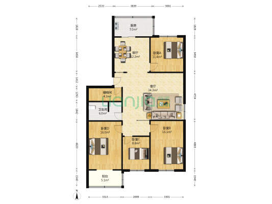 曙光苑 4室2厅1卫 143平方