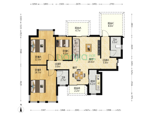 大嘉汇康悦 3室1厅2卫 106平方