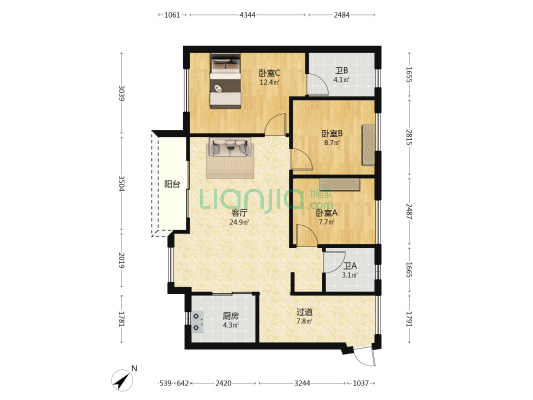 金辉辉逸云庭B区 3室1厅2卫 96平方