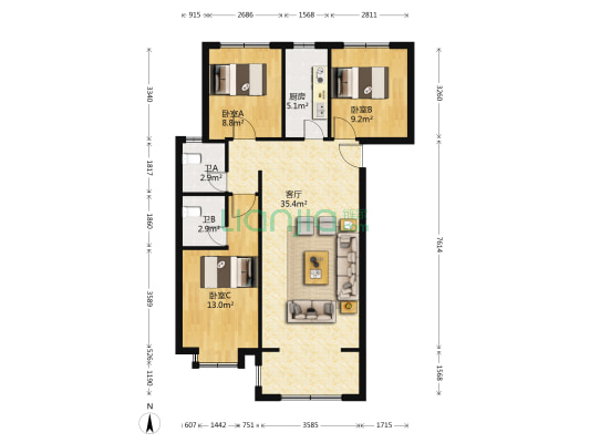 林荫春天 3室1厅2卫 108平方