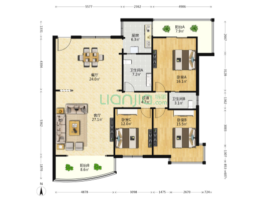 莲塘中大道258号 3室2厅2卫 143平方