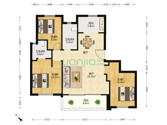 中信泰富滨江金融城九悦 3室1厅2卫 140平方