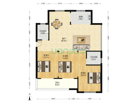 禄地名苑 3室1厅2卫 134平方