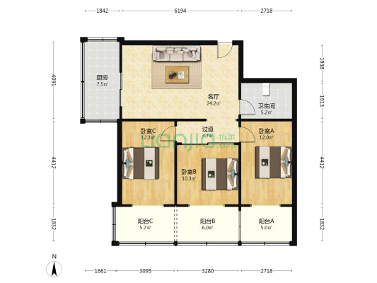 矿机宿舍(解放北路) 3室1厅1卫 120平方