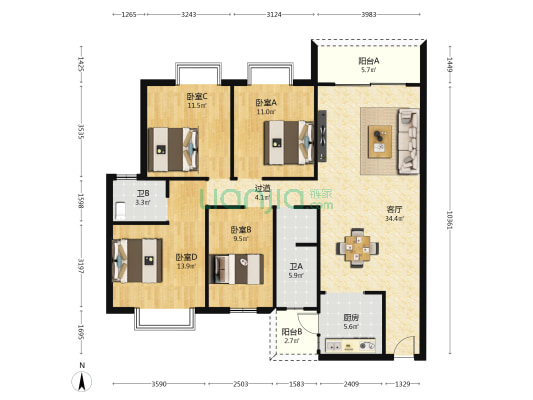 时尚新苑 4室1厅2卫 134平方